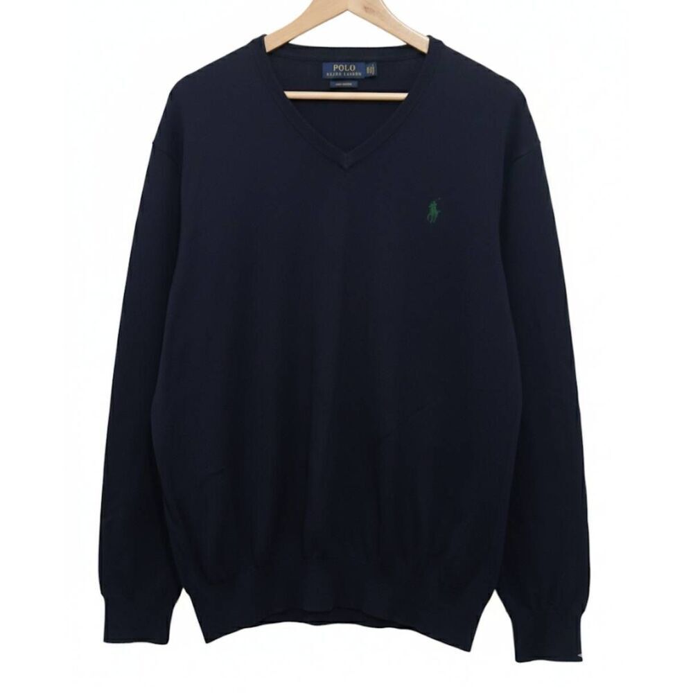 Polo ralph lauren mens xl navy blue 100% pima cotton sweater Vneck Spring Summer